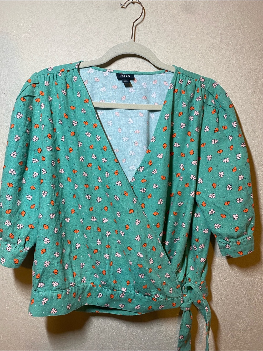a.n.a Green Floral Wrap Blouse with Side Tie